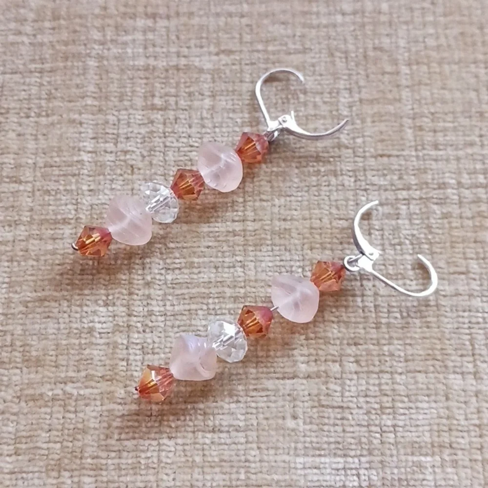 Silver Tone Leverback Pink Brown Glass Beaded Dangle Earrings